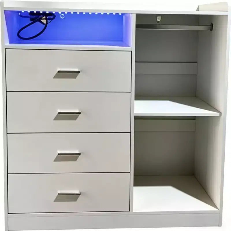 Commode moderne à LED avec penderie ouverte, 4 tiroirs et conception gain de place
