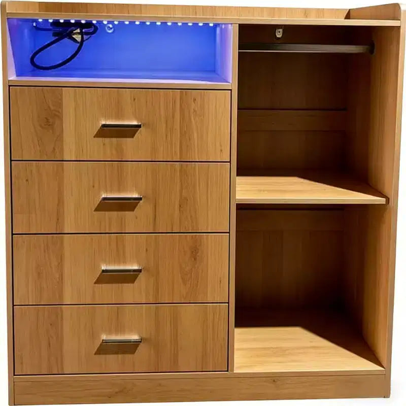 Commode moderne à LED avec penderie ouverte, 4 tiroirs et conception gain de place