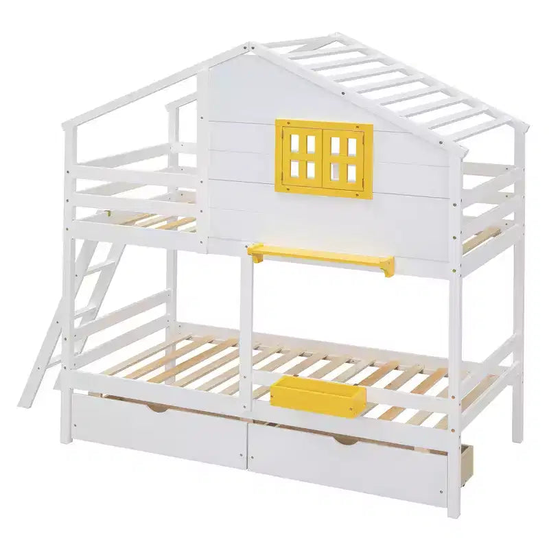 Litera tipo casita de dos camas individuales, con 2 cajones, estantes de almacenamiento y ventana