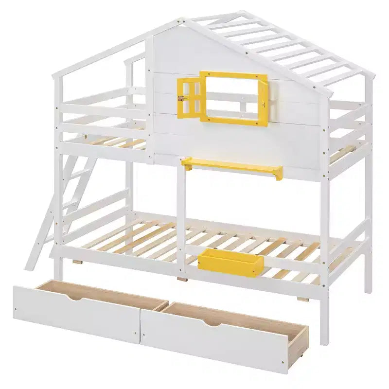 Litera tipo casita de dos camas individuales, con 2 cajones, estantes de almacenamiento y ventana
