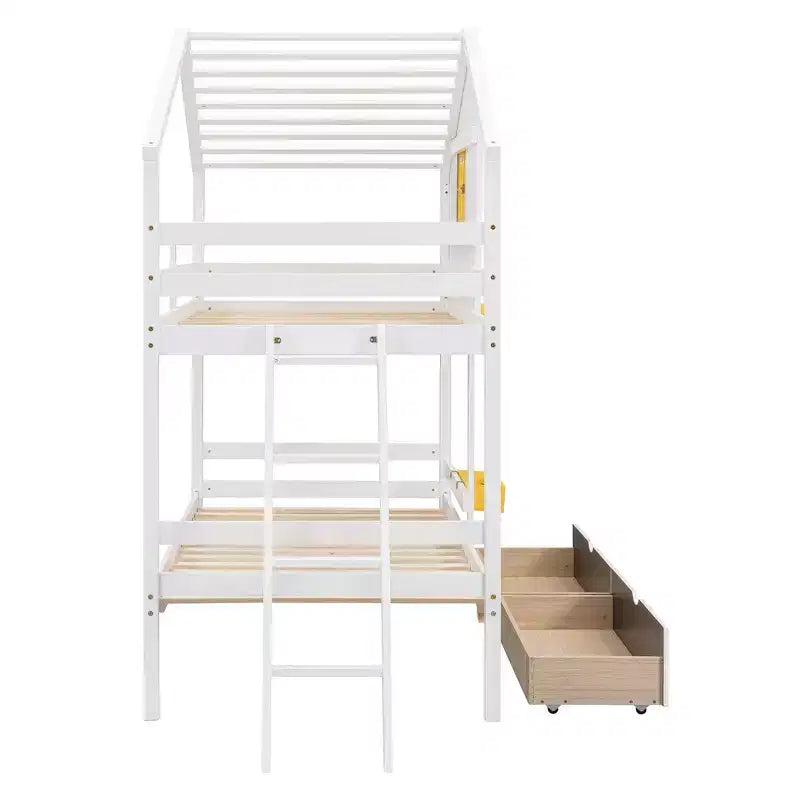 Litera tipo casita de dos camas individuales, con 2 cajones, estantes de almacenamiento y ventana