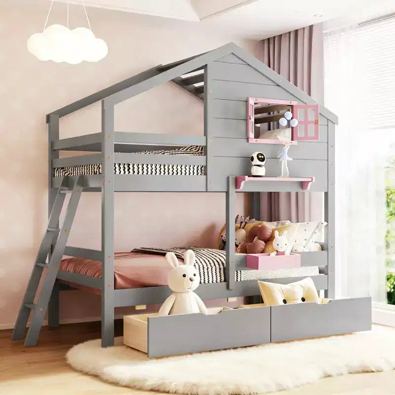 Litera tipo casita de dos camas individuales, con 2 cajones, estantes de almacenamiento y ventana