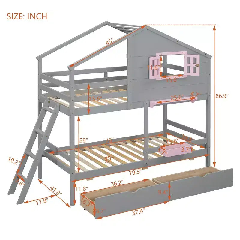 Litera tipo casita de dos camas individuales, con 2 cajones, estantes de almacenamiento y ventana