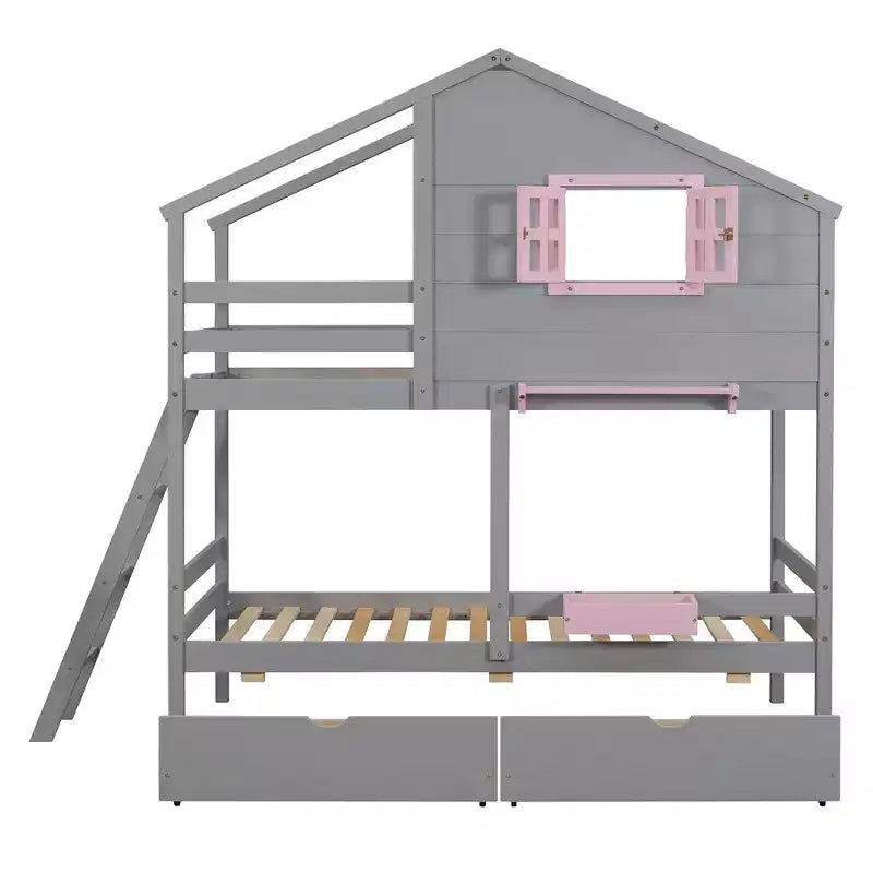 Litera tipo casita de dos camas individuales, con 2 cajones, estantes de almacenamiento y ventana