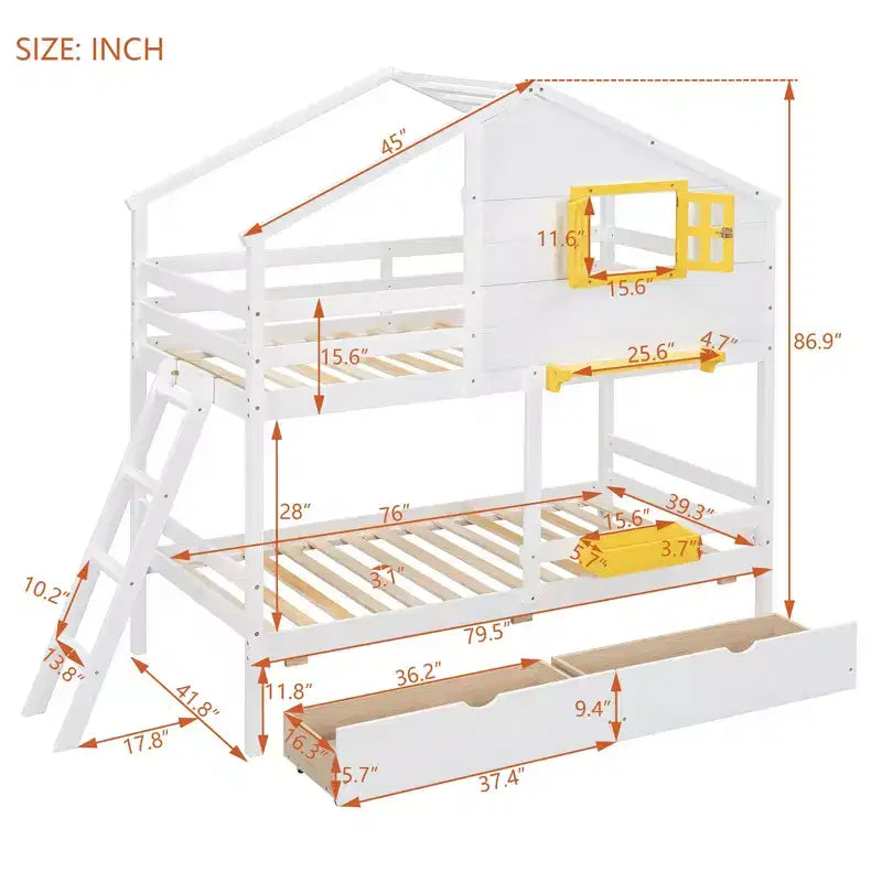 Litera tipo casita de dos camas individuales, con 2 cajones, estantes de almacenamiento y ventana