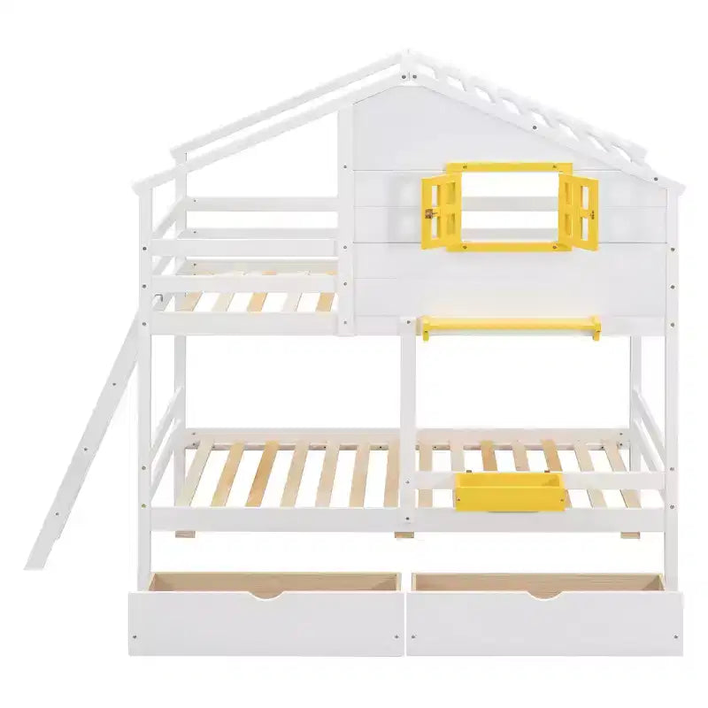 Litera tipo casita de dos camas individuales, con 2 cajones, estantes de almacenamiento y ventana