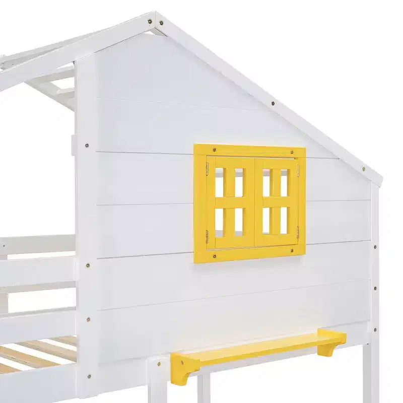 Litera tipo casita de dos camas individuales, con 2 cajones, estantes de almacenamiento y ventana