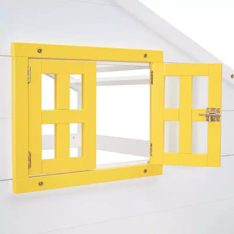 Litera tipo casita de dos camas individuales, con 2 cajones, estantes de almacenamiento y ventana
