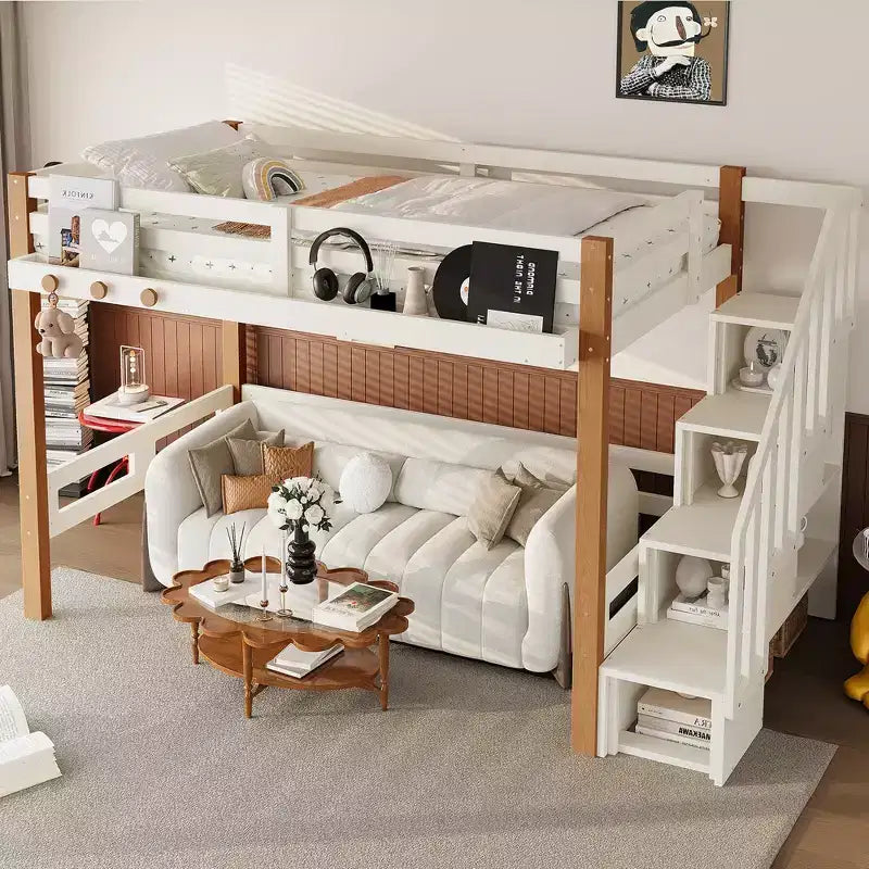 Cama alta moderna estilo loft con gancho para ropa, estantes de almacenamiento y espacio debajo de la cama