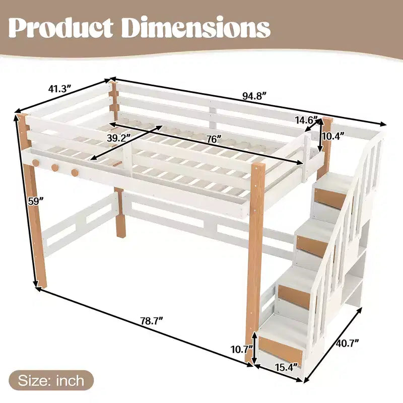 Cama alta moderna estilo loft con gancho para ropa, estantes de almacenamiento y espacio debajo de la cama