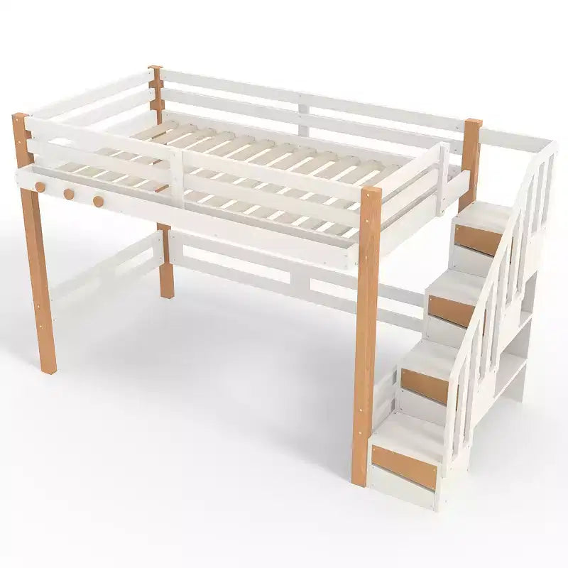 Cama alta moderna estilo loft con gancho para ropa, estantes de almacenamiento y espacio debajo de la cama