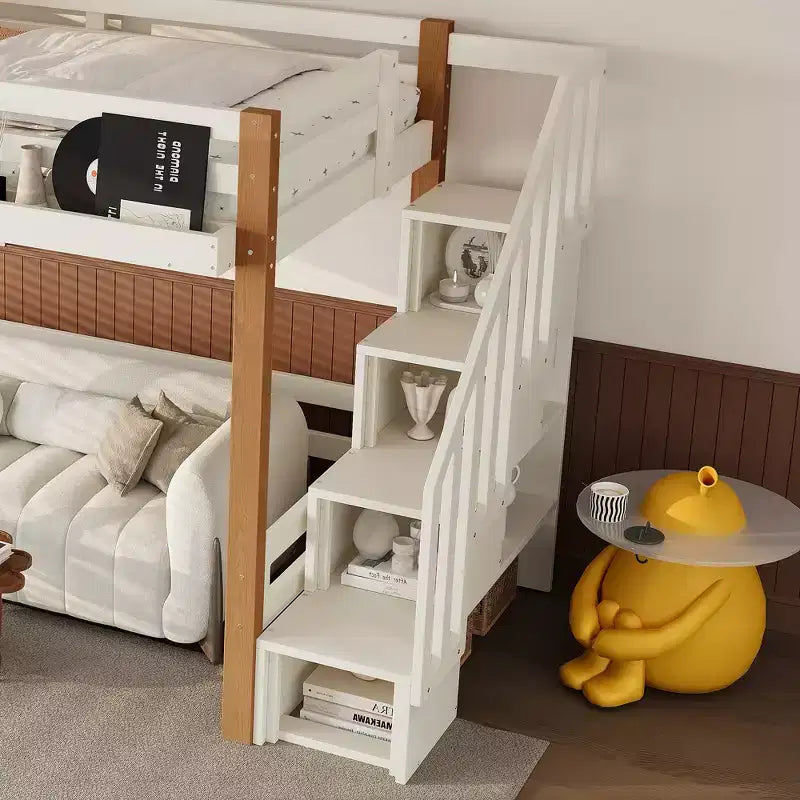 Cama alta moderna estilo loft con gancho para ropa, estantes de almacenamiento y espacio debajo de la cama