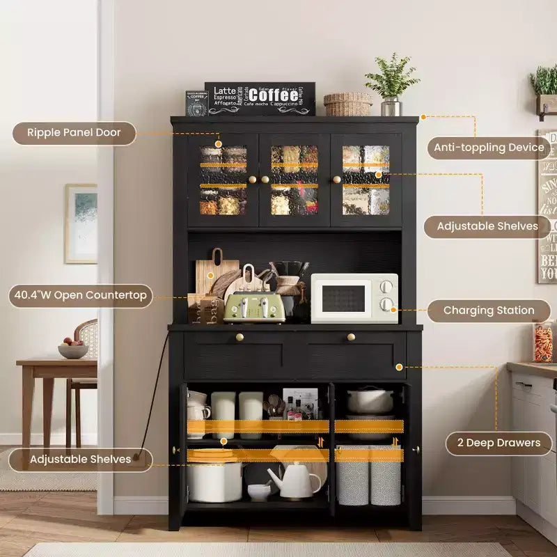 Armoire de rangement haute avec station de recharge, armoire de cuisine moderne avec comptoir, tiroirs et étagères réglables