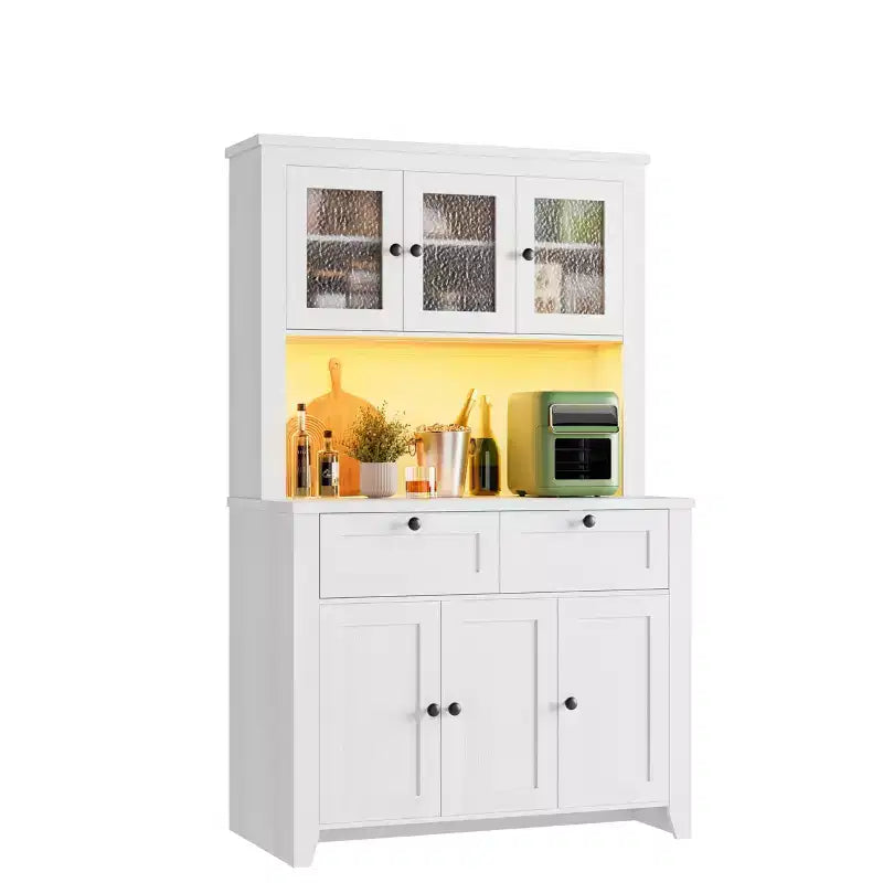 Armoire de rangement haute avec station de recharge, armoire de cuisine moderne avec comptoir, tiroirs et étagères réglables