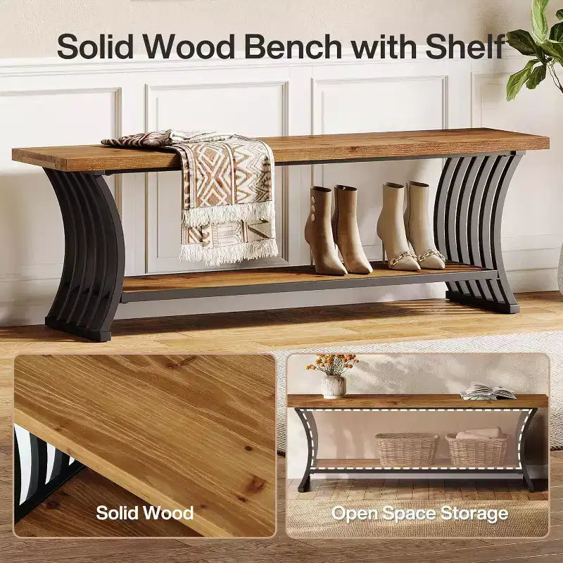 Banco de entrada estilo industrial con estante, banco zapatero de madera para el pie de la cama, banco de almacenamiento largo de 55 para dormitorio, pasillo, vestíbulo o entrada, marrón y negro