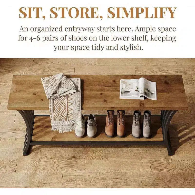 Banco de entrada estilo industrial con estante, banco zapatero de madera para el pie de la cama, banco de almacenamiento largo de 55 para dormitorio, pasillo, vestíbulo o entrada, marrón y negro