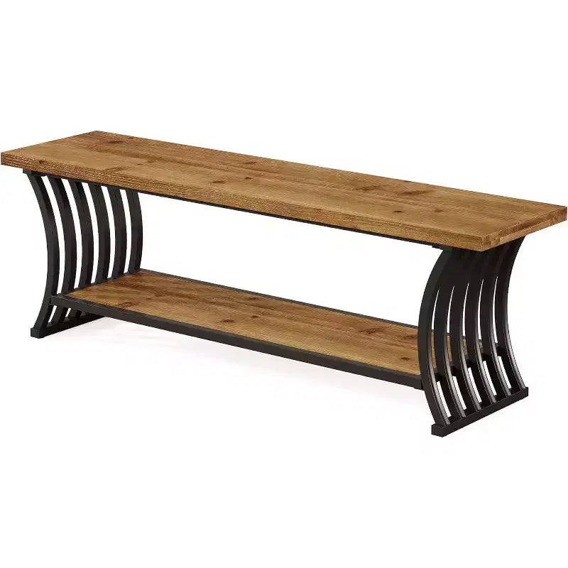 Banco de entrada estilo industrial con estante, banco zapatero de madera para el pie de la cama, banco de almacenamiento largo de 55 para dormitorio, pasillo, vestíbulo o entrada, marrón y negro