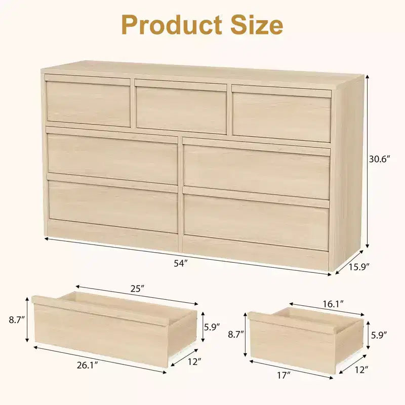 Commode en chêne naturel de 54 de large avec 7 tiroirs pour chambre, commode en bois avec grand espace de rangement, meuble organisateur de placard pour salon