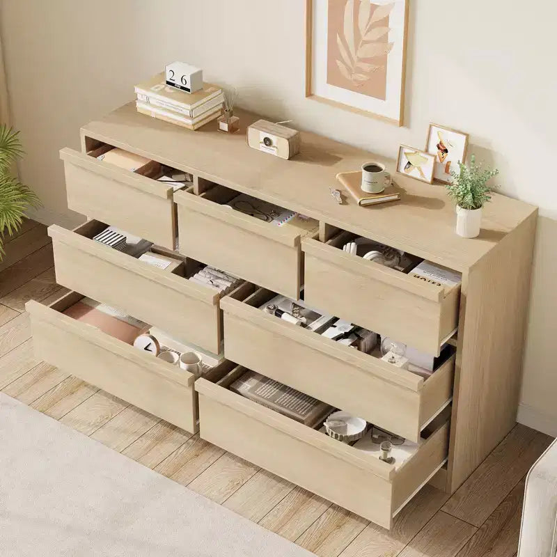 Commode en chêne naturel de 54 de large avec 7 tiroirs pour chambre, commode en bois avec grand espace de rangement, meuble organisateur de placard pour salon