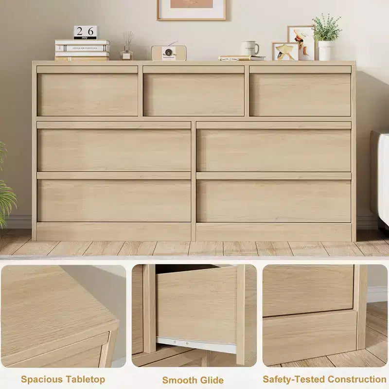 Commode en chêne naturel de 54 de large avec 7 tiroirs pour chambre, commode en bois avec grand espace de rangement, meuble organisateur de placard pour salon