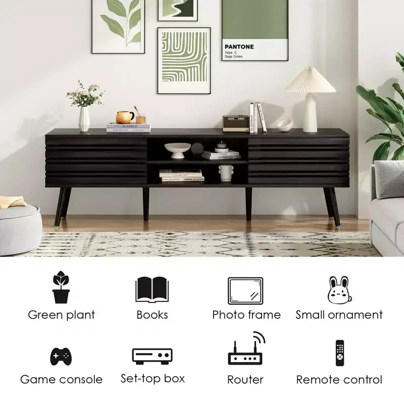 Meuble TV moderne du milieu du siècle pour téléviseur jusqu’à 70 pouces, avec rangement, meuble TV en bois cannelé pour salon, meuble multimédia bohème, noyer foncé