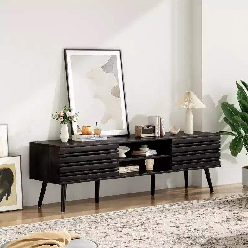 Meuble TV moderne du milieu du siècle pour téléviseur jusqu’à 70 pouces, avec rangement, meuble TV en bois cannelé pour salon, meuble multimédia bohème, noyer foncé