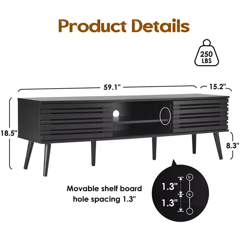 Meuble TV moderne du milieu du siècle pour téléviseur jusqu’à 70 pouces, avec rangement, meuble TV en bois cannelé pour salon, meuble multimédia bohème, noyer foncé