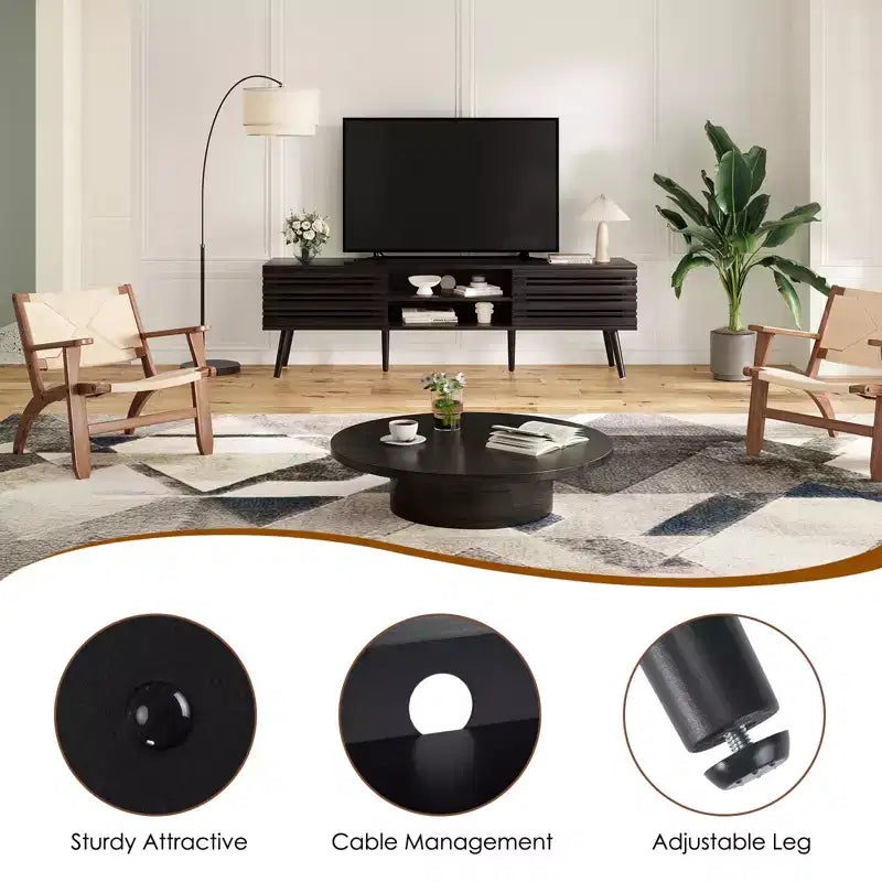 TV-Ständer im modernen Mid-Century-Stil für Fernseher bis zu 70 Zoll mit Stauraum, geriffelter TV-Ständer aus Holz fürs Wohnzimmer, Boho-Medienkonsole, dunkle Walnuss
