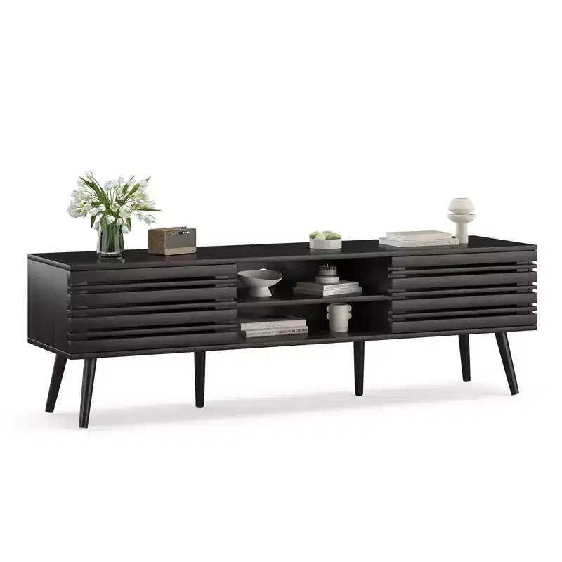Meuble TV moderne du milieu du siècle pour téléviseur jusqu’à 70 pouces, avec rangement, meuble TV en bois cannelé pour salon, meuble multimédia bohème, noyer foncé