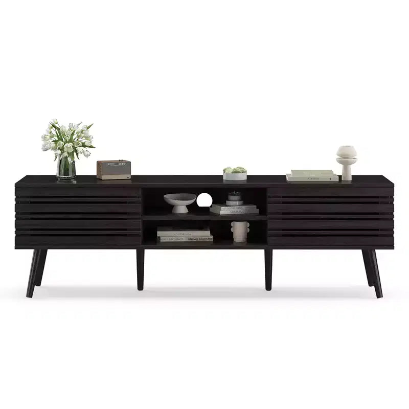 Meuble TV moderne du milieu du siècle pour téléviseur jusqu’à 70 pouces, avec rangement, meuble TV en bois cannelé pour salon, meuble multimédia bohème, noyer foncé