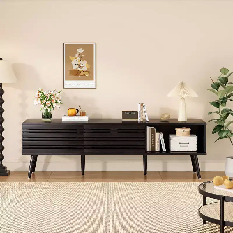 Meuble TV moderne du milieu du siècle pour téléviseur jusqu’à 70 pouces, avec rangement, meuble TV en bois cannelé pour salon, meuble multimédia bohème, noyer foncé