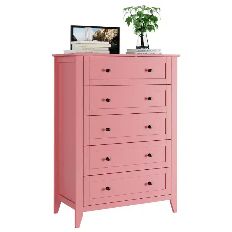 Kommode mit 5 Schubladen fürs Schlafzimmer, moderne hohe Schubladenkommode mit Metallknöpfen, Holz-Organizer für Kleiderschrank, Wohnzimmer und Flur