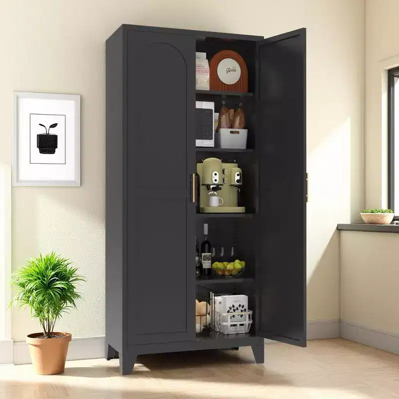 Armoire de 71' à 2 portes galbées, armoire de rangement métallique avec portes et étagères réglables, pour chambre, salon ou cuisine, noire