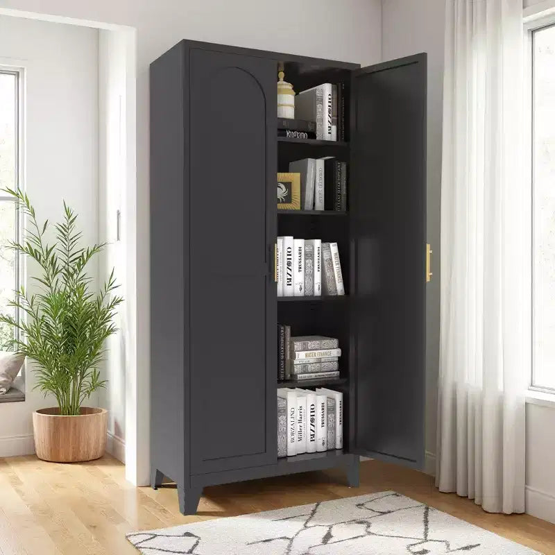 Armoire de 71' à 2 portes galbées, armoire de rangement métallique avec portes et étagères réglables, pour chambre, salon ou cuisine, noire