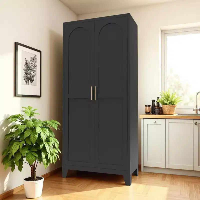 71' Schrank mit 2 geschwungenen Türen, Metallschrank mit Türen und verstellbaren Einlegeböden für Schlafzimmer, Wohnzimmer und Küche, Schwarz