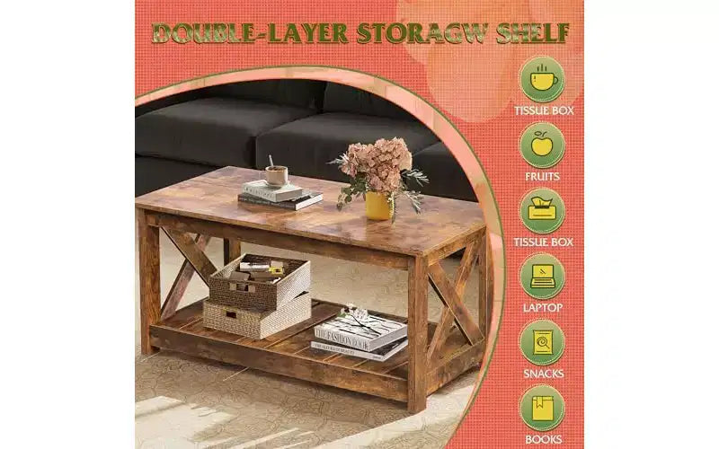 Table basse de style champêtre pour salon, table centrale rustique de 40.1 avec support en X et étagère de rangement