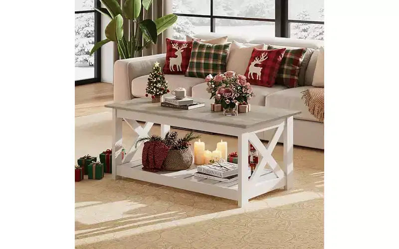 Table basse de style champêtre pour salon, table centrale rustique de 40.1 avec support en X et étagère de rangement