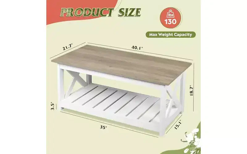 Table basse de style champêtre pour salon, table centrale rustique de 40.1 avec support en X et étagère de rangement