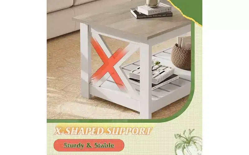 Table basse de style champêtre pour salon, table centrale rustique de 40.1 avec support en X et étagère de rangement