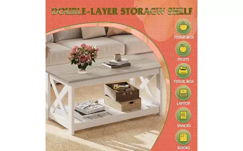Table basse de style champêtre pour salon, table centrale rustique de 40.1 avec support en X et étagère de rangement