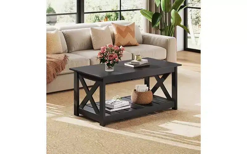 Couchtisch im Landhausstil fürs Wohnzimmer, 40.1 rustikaler Wohnzimmertisch mit X-Gestell und Ablageboden