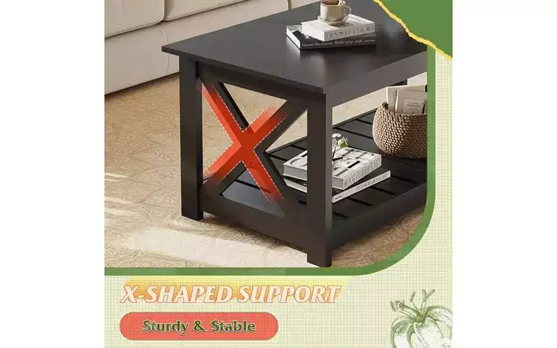 Table basse de style champêtre pour salon, table centrale rustique de 40.1 avec support en X et étagère de rangement