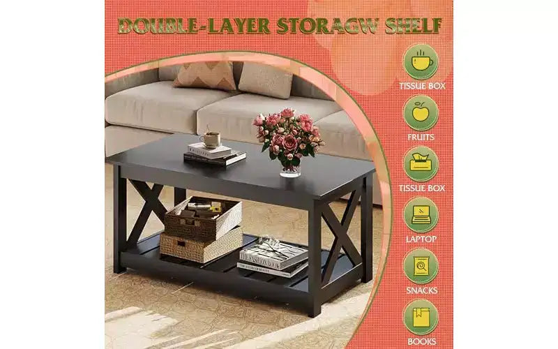Table basse de style champêtre pour salon, table centrale rustique de 40.1 avec support en X et étagère de rangement