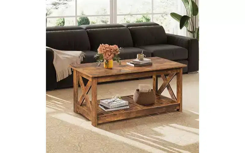 Table basse de style champêtre pour salon, table centrale rustique de 40.1 avec support en X et étagère de rangement