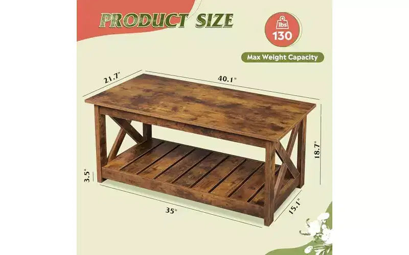 Table basse de style champêtre pour salon, table centrale rustique de 40.1 avec support en X et étagère de rangement
