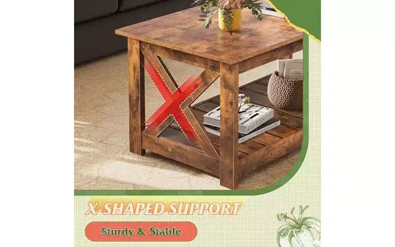Table basse de style champêtre pour salon, table centrale rustique de 40.1 avec support en X et étagère de rangement