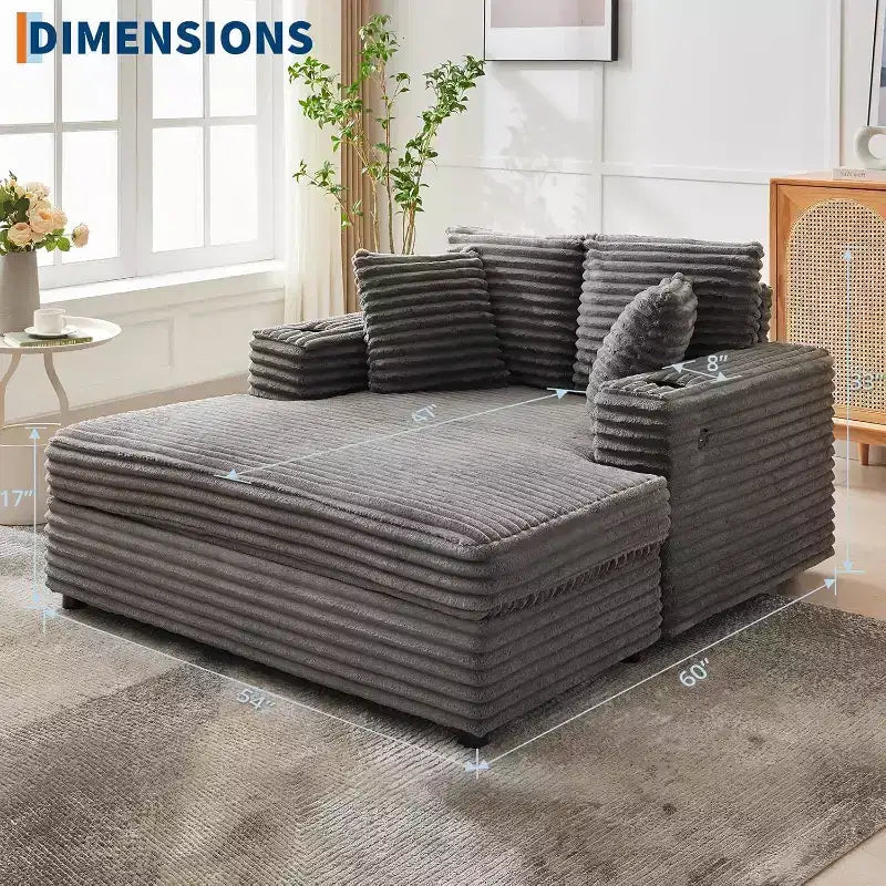 Fauteuil méridienne grand format, canapé-lit rembourré de 60 avec coussins décoratifs et accoudoirs, canapé convertible en velours côtelé pour salon ou chambre
