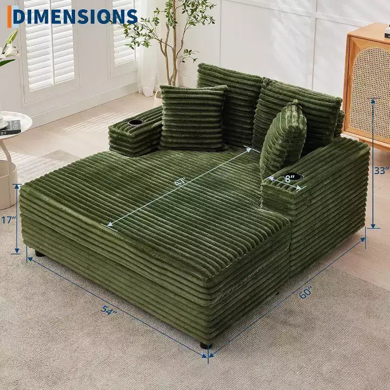 Fauteuil méridienne grand format, canapé-lit rembourré de 60 avec coussins décoratifs et accoudoirs, canapé convertible en velours côtelé pour salon ou chambre