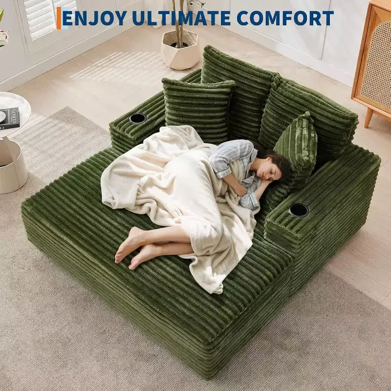 Fauteuil méridienne grand format, canapé-lit rembourré de 60 avec coussins décoratifs et accoudoirs, canapé convertible en velours côtelé pour salon ou chambre