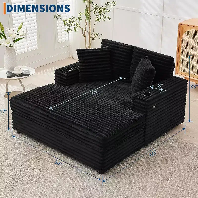 Fauteuil méridienne grand format, canapé-lit rembourré de 60 avec coussins décoratifs et accoudoirs, canapé convertible en velours côtelé pour salon ou chambre